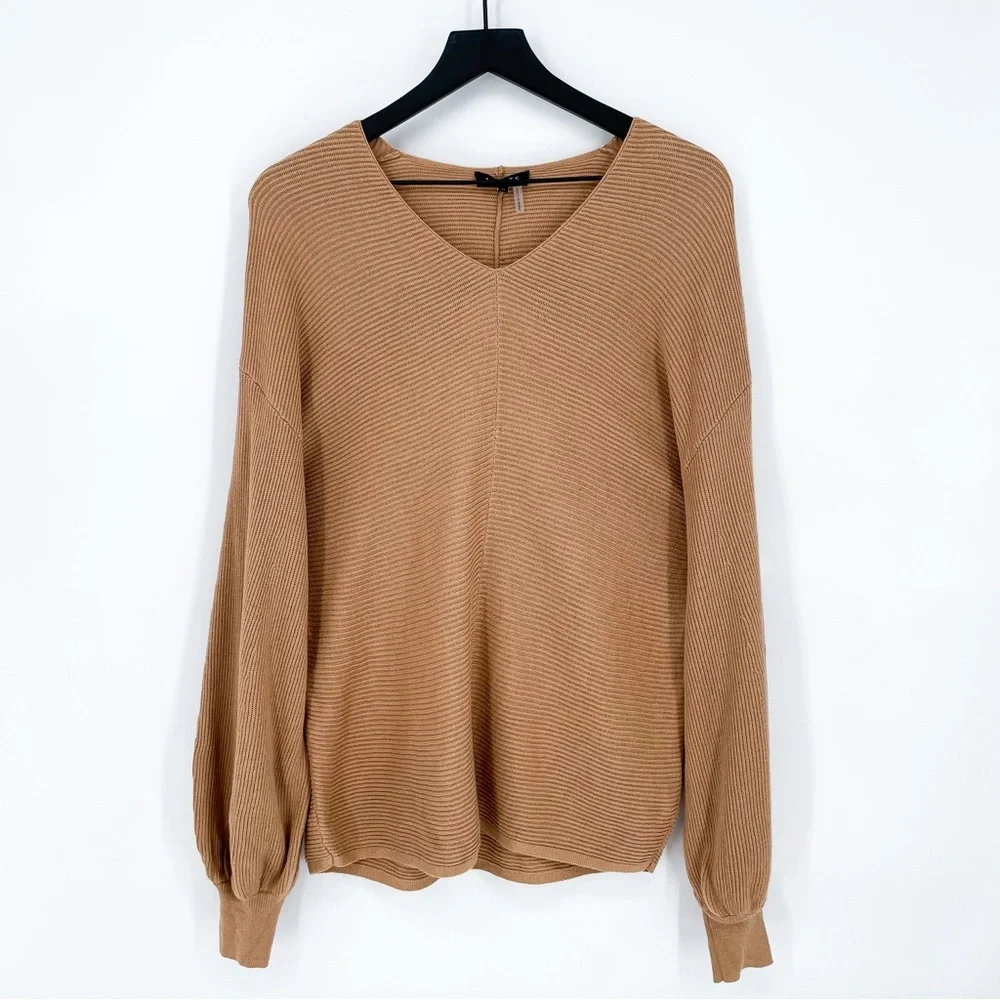 1. State Rib Knit Bubble Sleeve Pullover Sweater in Wild Oak Medium